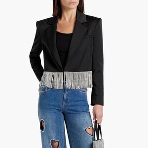 Alice + Olivia Shan cropped crystal embellished satin crepe black blazer